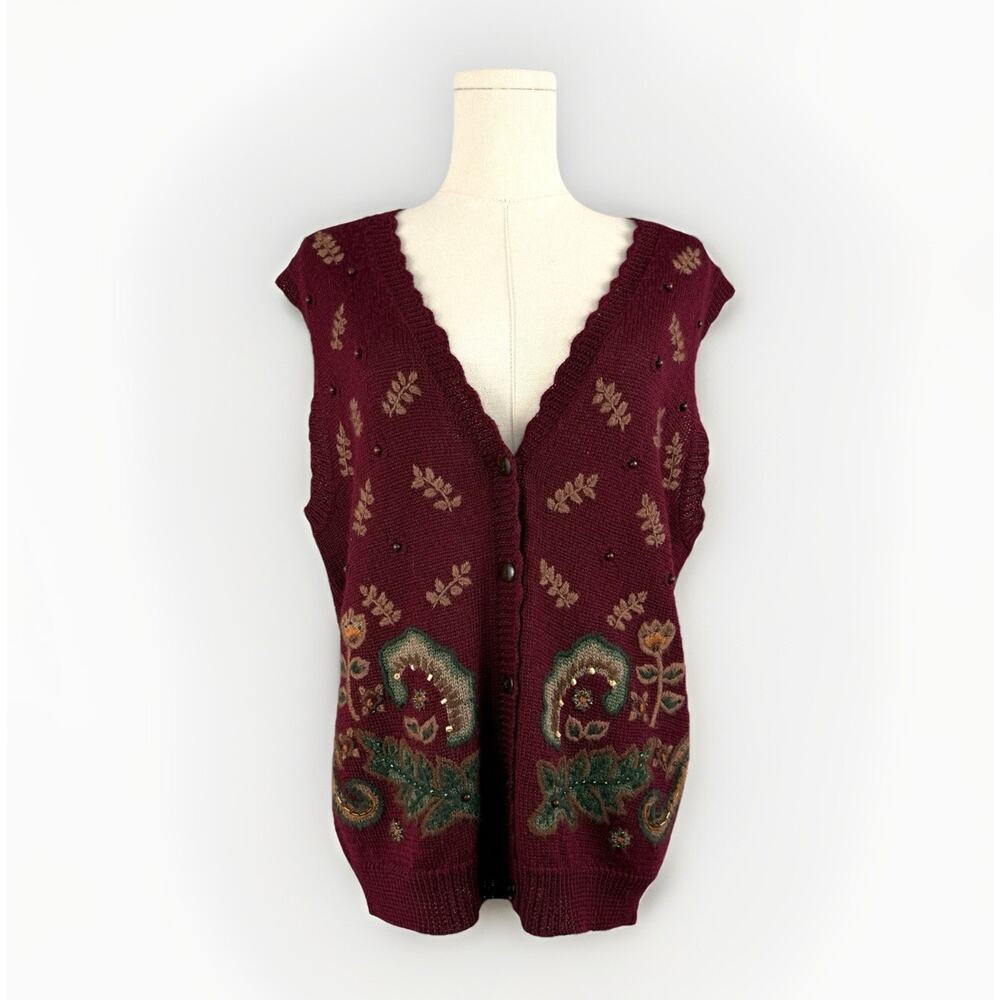 VTG 90s Koret Paisley Embroidered Sweater Vest Women S Knit‎ Bead Sequin Grandma - Picture 3 of 12